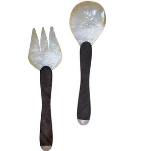 Vintage‎ Capiz Shell Abalone Mother-of-Pearl Wood Serving Spoon Fork Set Coastal